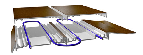 Roof heating panel showing heat cable in channels of aluminum panel.